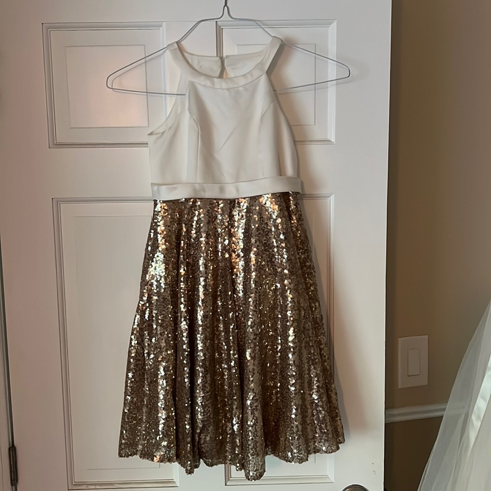 White/cream and gold sequin flower girl dress